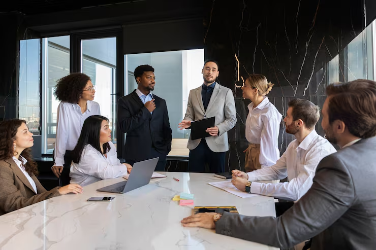 Modern executive leaders engaged in strategic planning based on classical esoteric knowledge