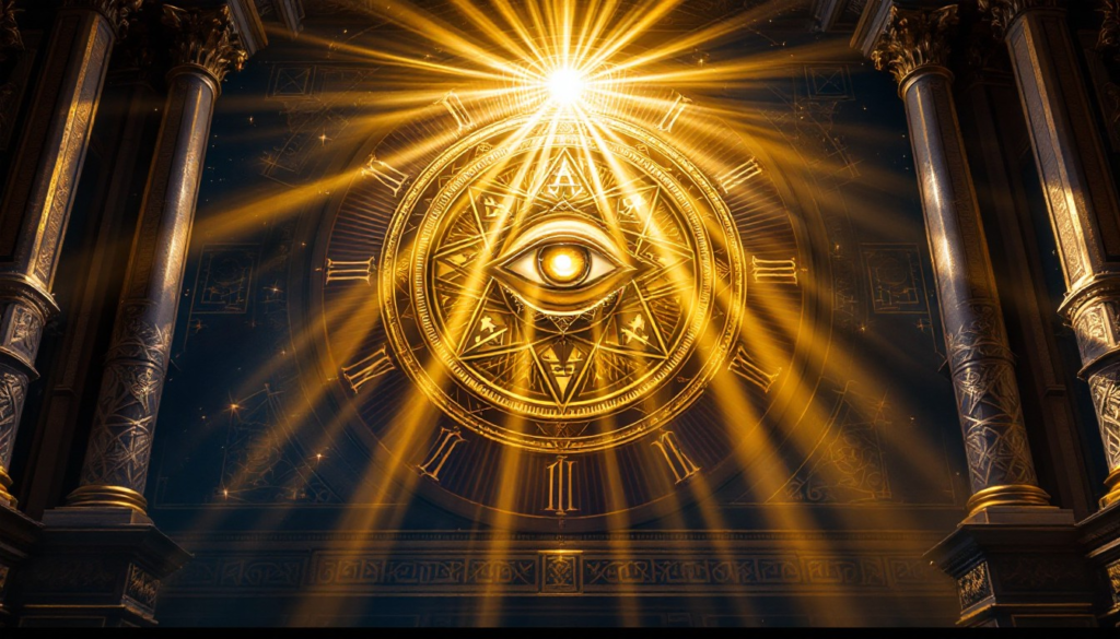 The historic all seeing eye emblem encased in a golden triangle emitting beams of illumination