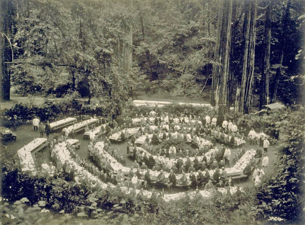 Historical view of the bohemian grove encampment in California redwoods