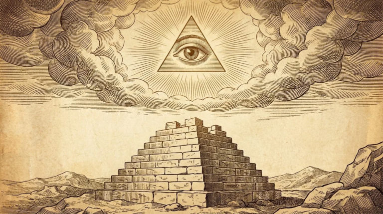 Historic illuminati symbol displaying the all seeing eye atop a stone pyramid in gold linework